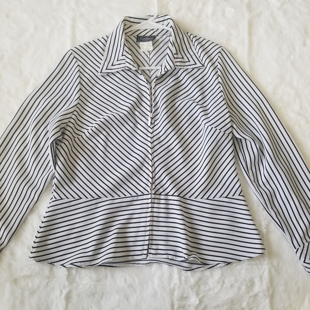 SOUTHERN LADY Female Blouse zipper split V Neck Black & White Strips